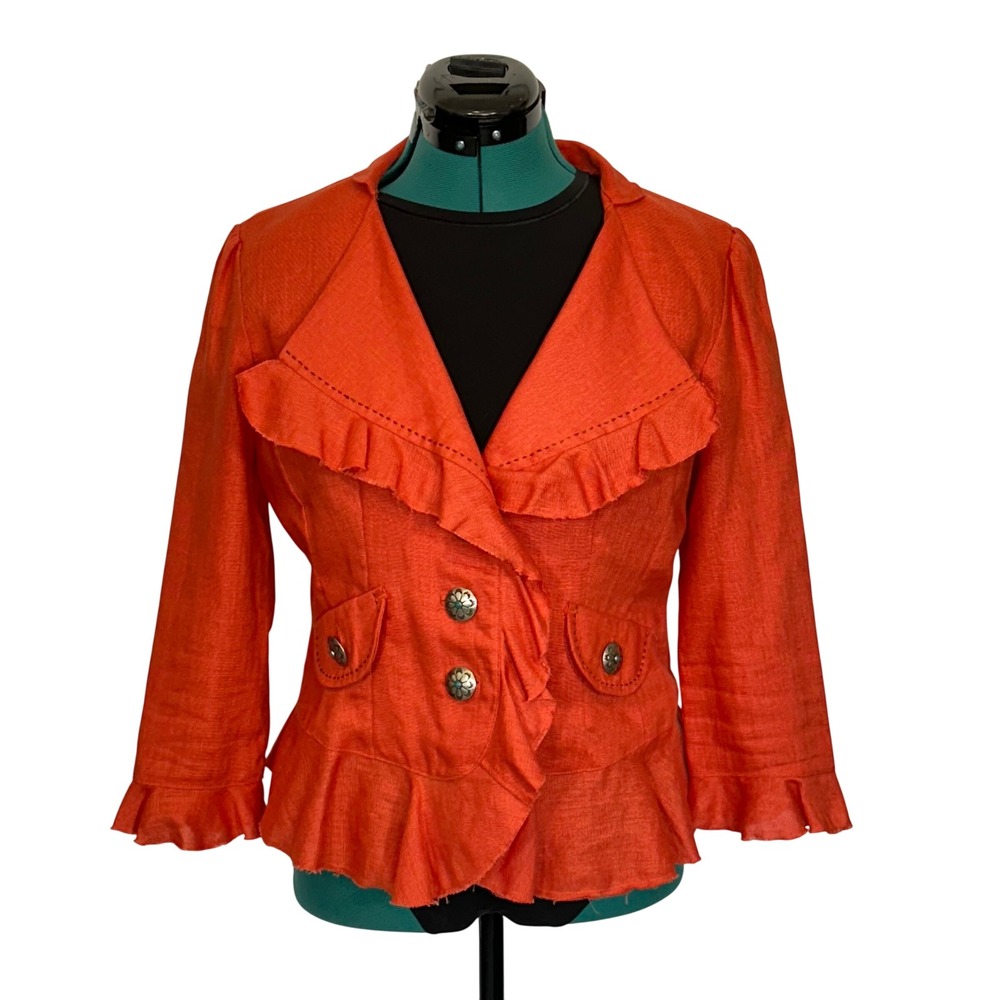 Tasha Polizzi Linen Ruffle Blazer Coral Orange Turquoise Button Jacket Small